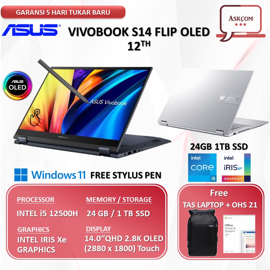 Jual Laptop Asus Vivobook S14 Flip Oled Tp3402za Touch I5 12500h 24gb