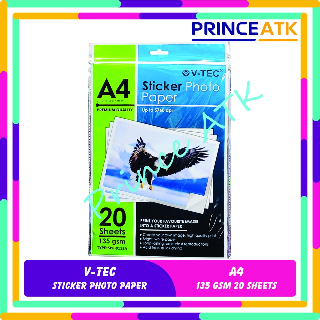 Jual STICKER PHOTO PAPER A4 ISI 20 LBR KERTAS STIKER FOTO V-TEC 135 GSM ...