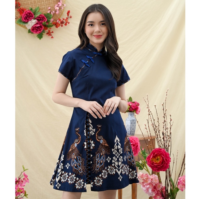 Jual Cheongsam Batik 185 Jm Dress Batik Baju Imlek Batik Biru 