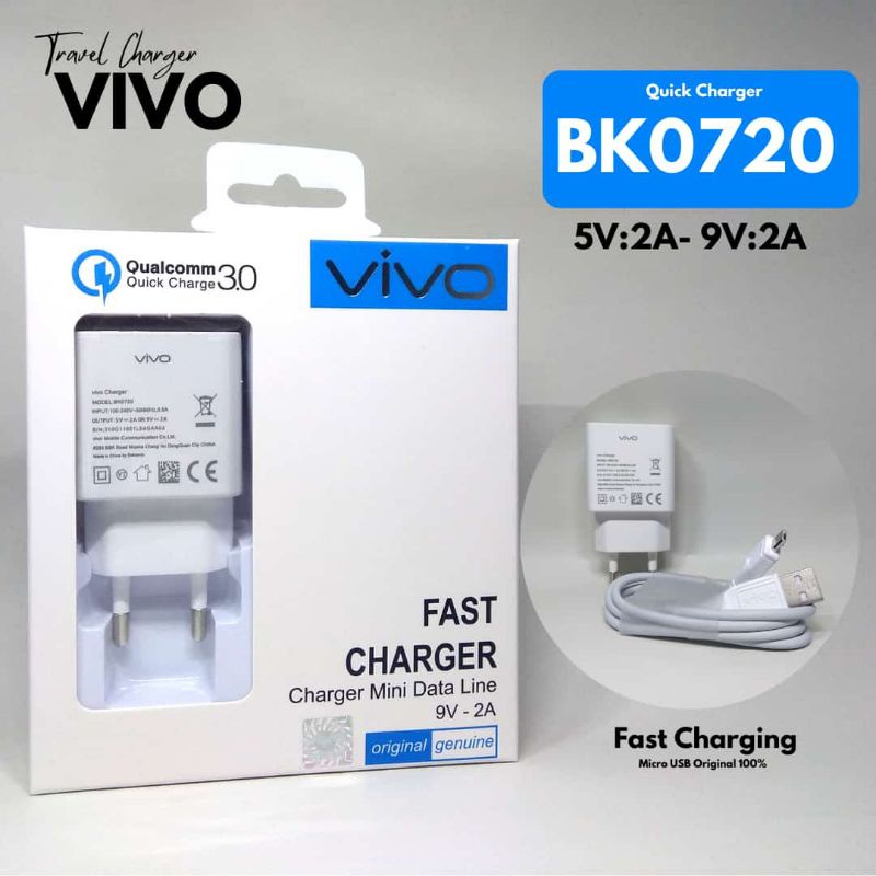 Charger Carger Vivo Fast Charging Original 100% Travel Quick Charger Vivo  V5 V5S V7 Y65 Y69 Ori