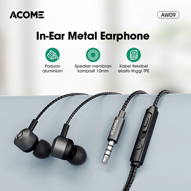 ACOME Wired In Ear Metal Earphone AW09 / Headset Strong Material Aluminium Material Speaker Membran HD 10mm Original