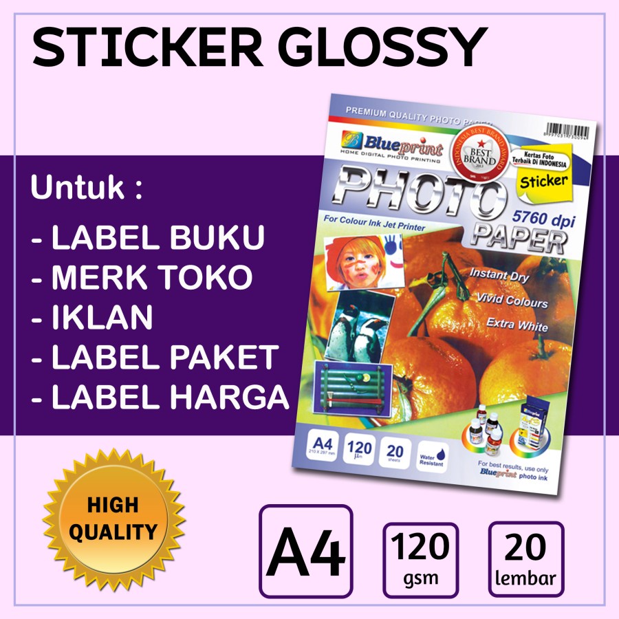 Jual Sticker Glossy A4 20 Lembar Kertas Stiker Label Mengkilap 120