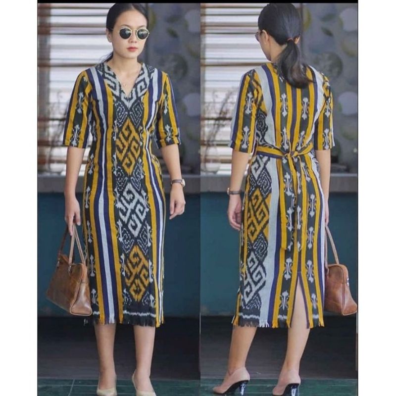 Jual Dress Etnik Tenun Motif Toraja Midi Dress Tenun Tradisional Model Dress Rumbai Etnik