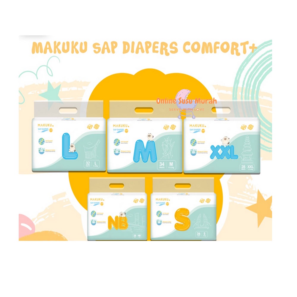 Jual MAKUKU SAP DIAPERS COMFORT PLUS TAPE PANTS NB28 S36 M34 L32 XL32 ...