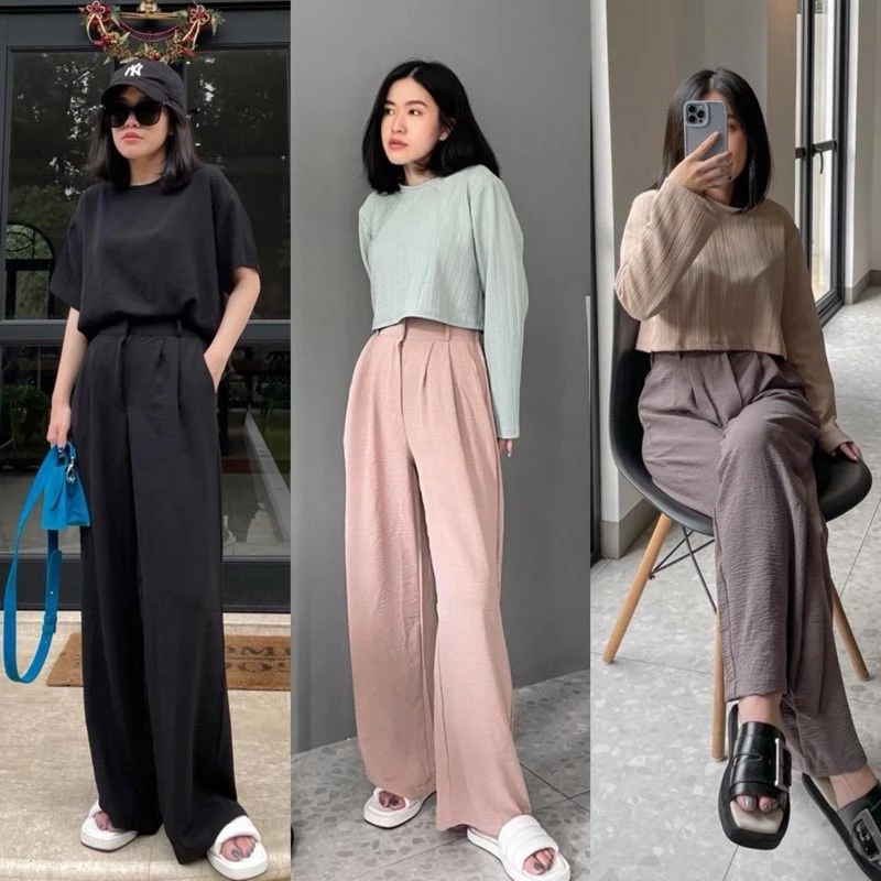 YPD - Celana Kulot Crinkle Highwaist Wanita Mewah