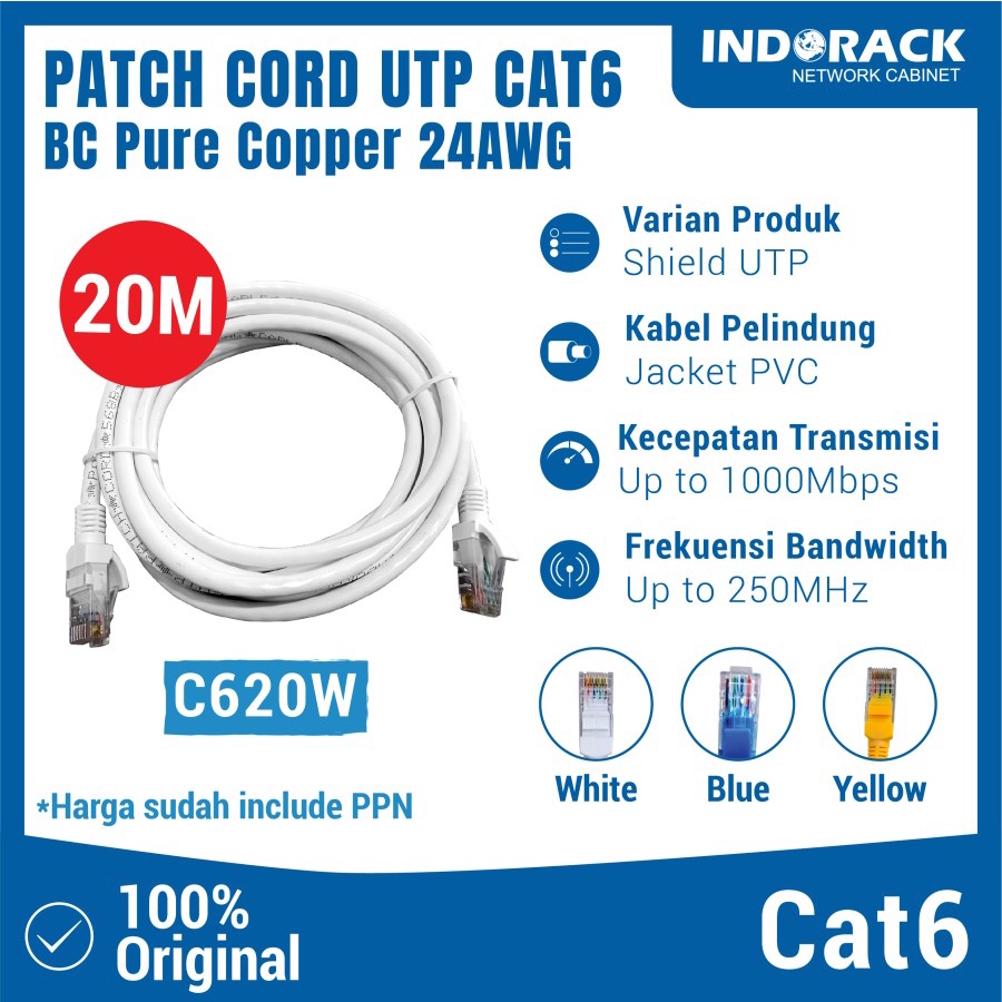 Jual C620W - UTP CAT 6 24AWG LAN 20 Meter - White RJ45 Cable Patch Cord ...
