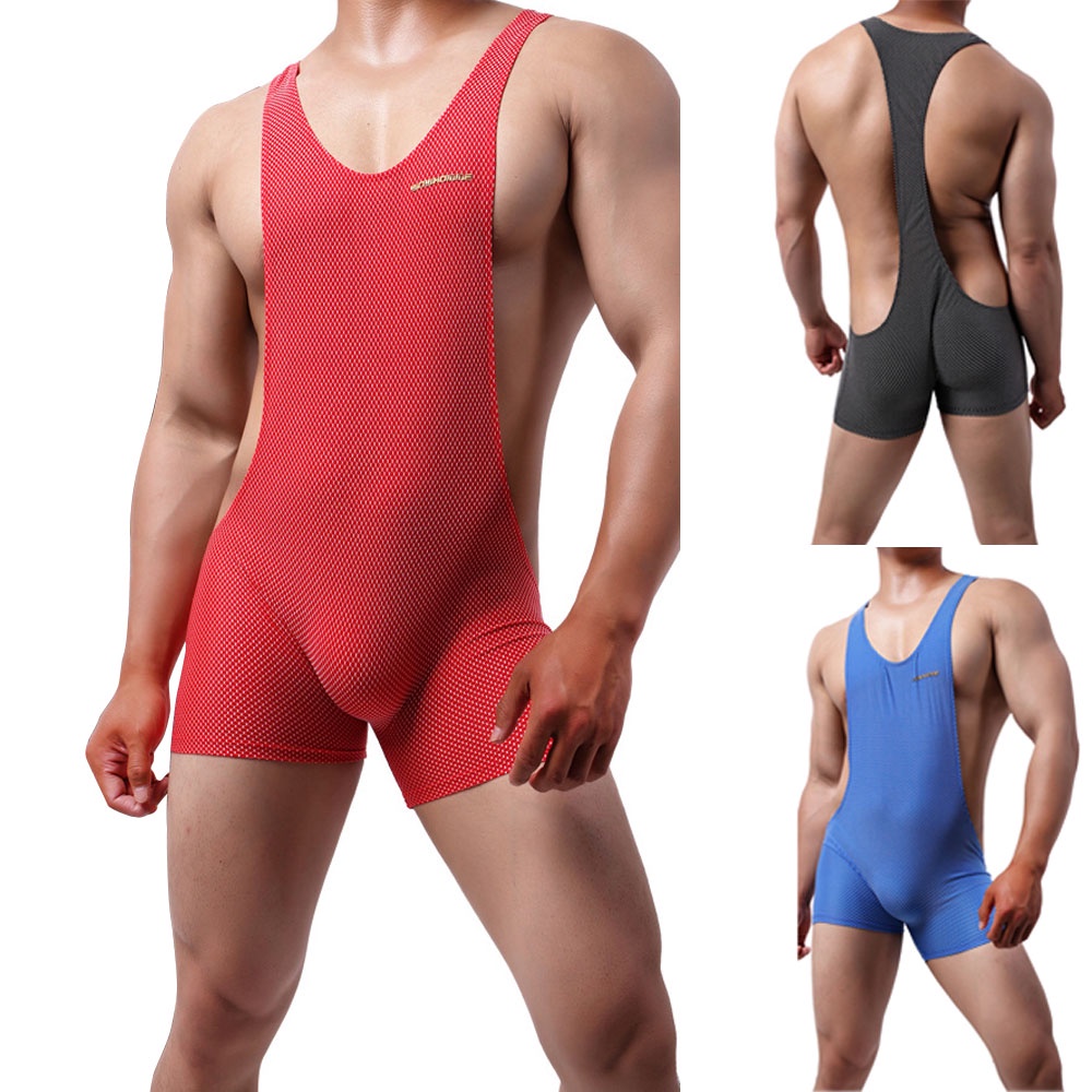 Jual Hot Mens Undershirts Mesh Backless Bodysuit Wrestling Singlet Leotard Male See Through One