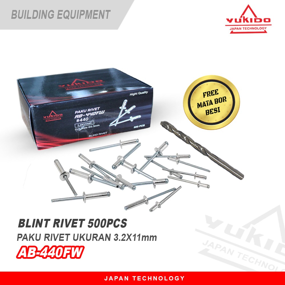 Jual YUKIDO PAKU RIVET 440 (3.2X11mm) 1BOX ISI 500PCS FREE MATA BOR ...