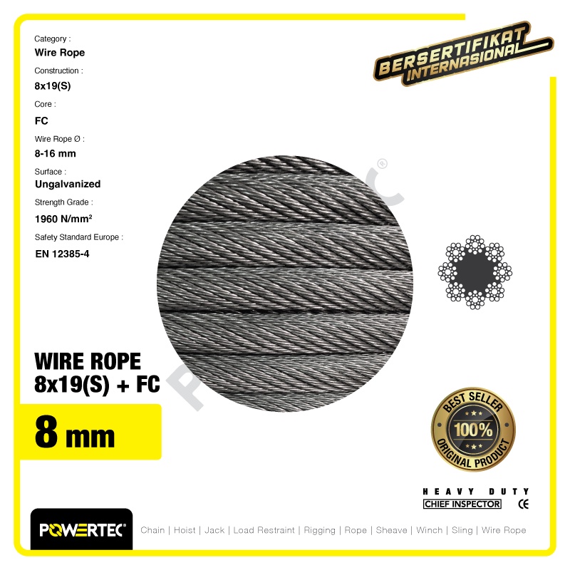 Jual POWERTEC Wire Rope / Kawat Seling LIFT 8x19(S) FC 8mm Ungalv - 1 ...