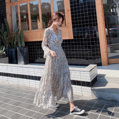 maxi dress shopee Korean Fashion Deep V-Neck Floral Print Long Sleeve Maxi Dress Women High  Waist Fairy Dresses Vestido Clothing 21-0300-1| Alibaba.com