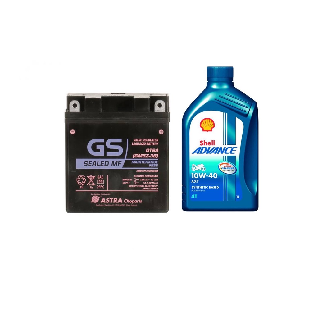 Jual Paket Aki GS GM5Z-3B MF dan Oli Shell Advance AX7 10W40 1.0L