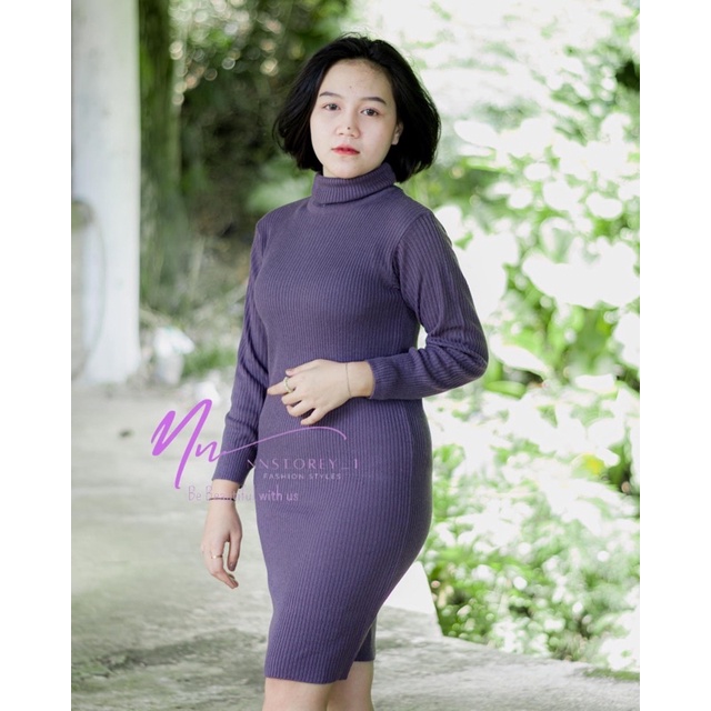 Jual Dress bodycon midi leher tinggi/midi dress ala korea/dress ketat