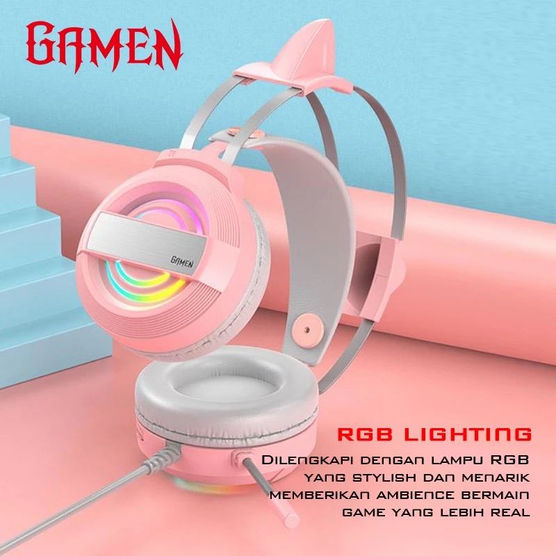 GAMEN Headphone Gaming Cat Ear GH1100 Pink LED RGB Lighting Original Bass - Garansi 1 Tahun