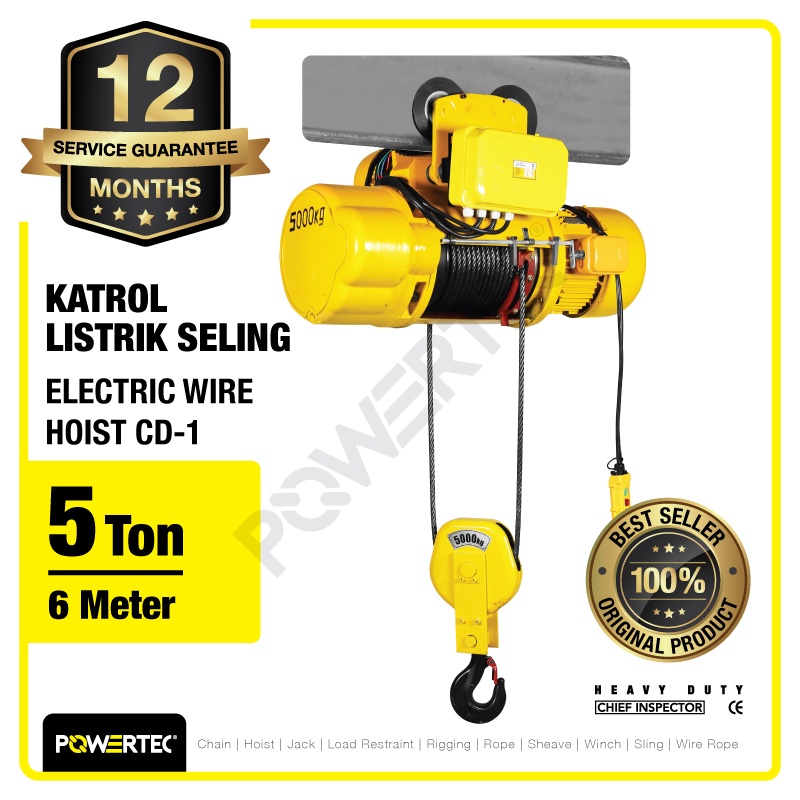 Jual POWERTEC Electric Wire Rope Hoist 5 Ton x 6 Meter 3 Phase CD-1 ...