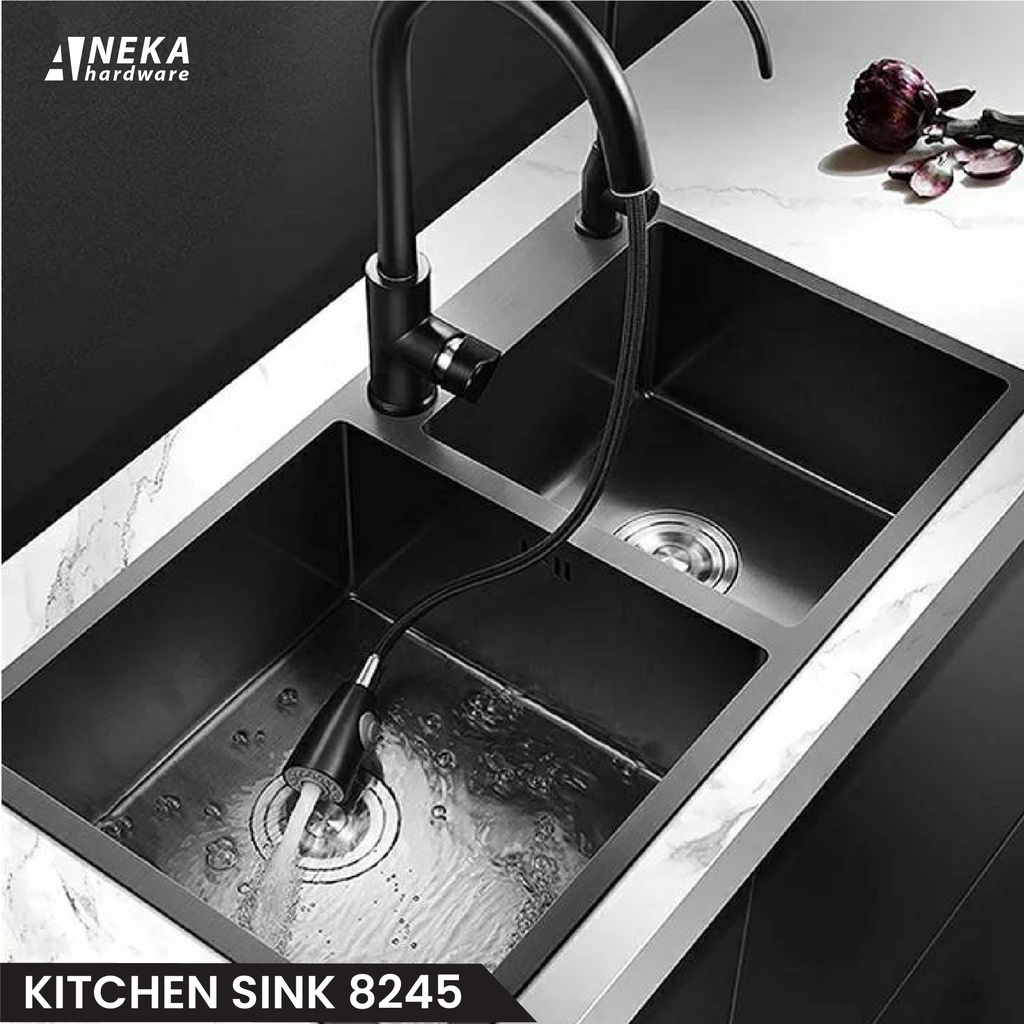Jual Kitchen Sink 8245 Black Paket Komplit / Sink Hitam Stainless / Bak