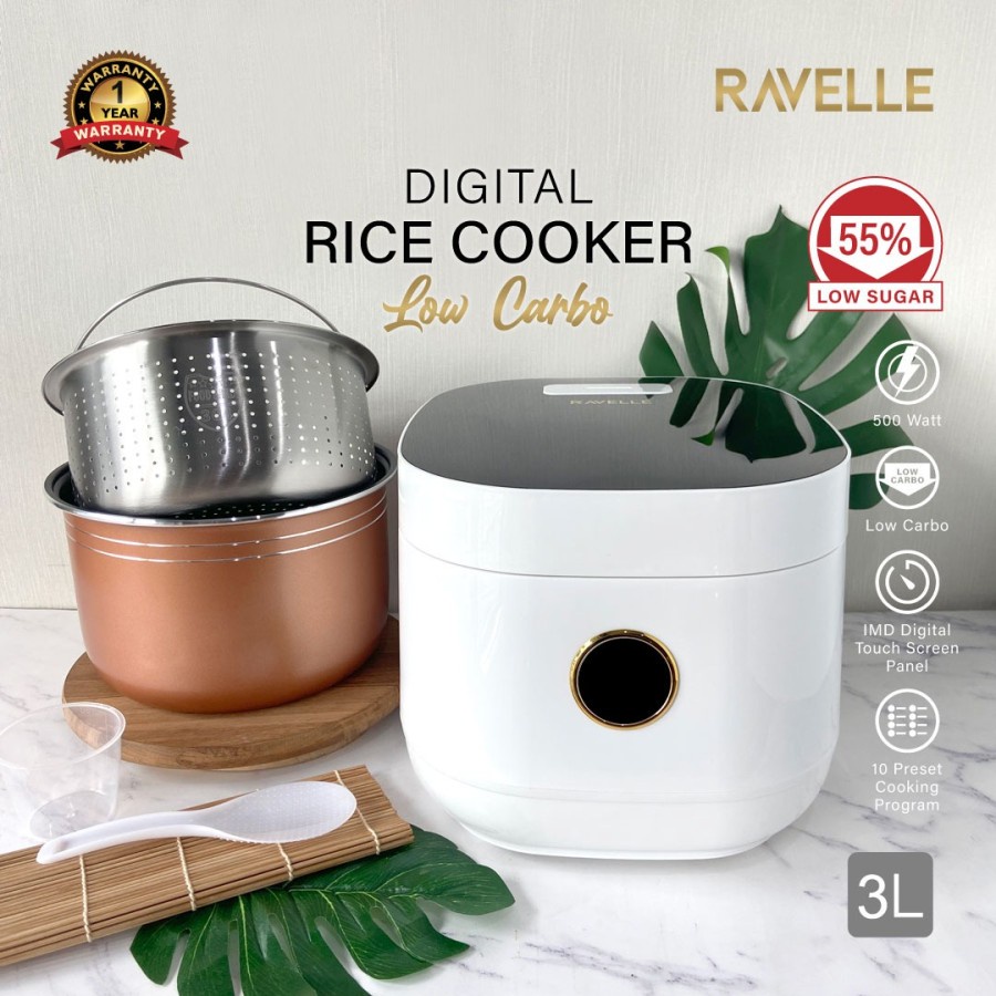 Jual Rice Cooker RAVELLE PEARL WHITE 3L - Smart Digital Low Carbo Low ...