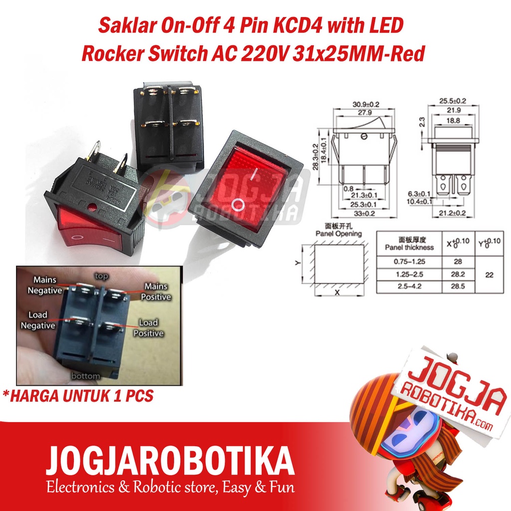 Jual Saklar On-Off 4 Pin KCD4 with LED Rocker Switch AC 220V 31x25MM ...