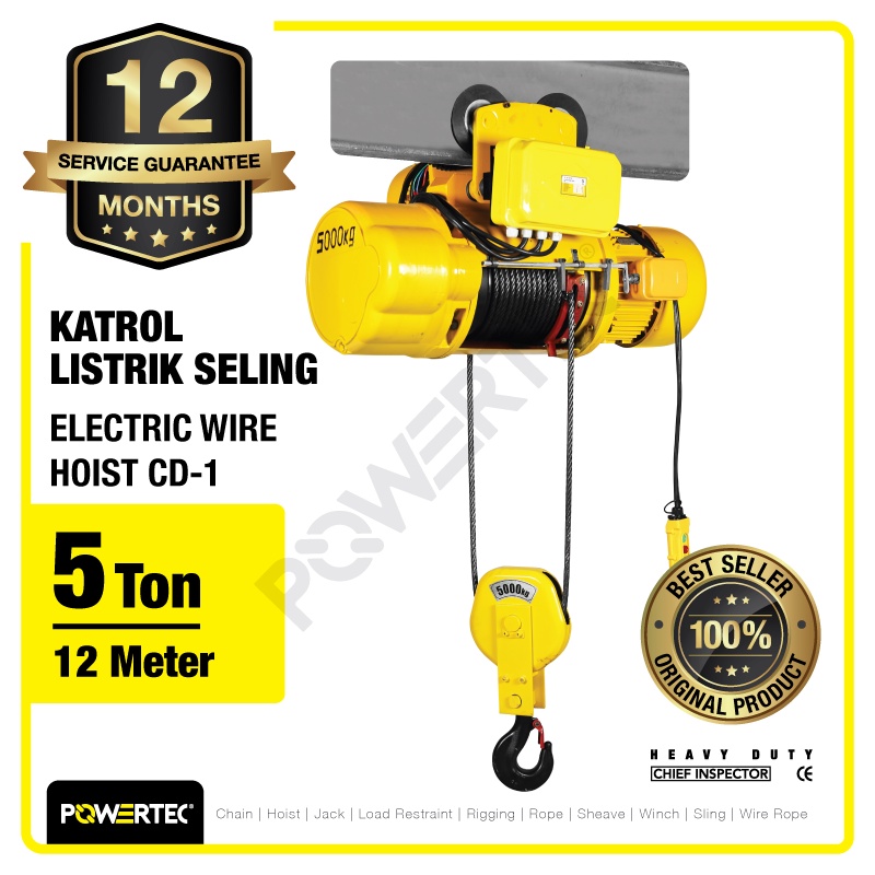 Jual POWERTEC Electric Wire Rope Hoist 5 Ton x 12 Meter 3 Phase CD-1 ...