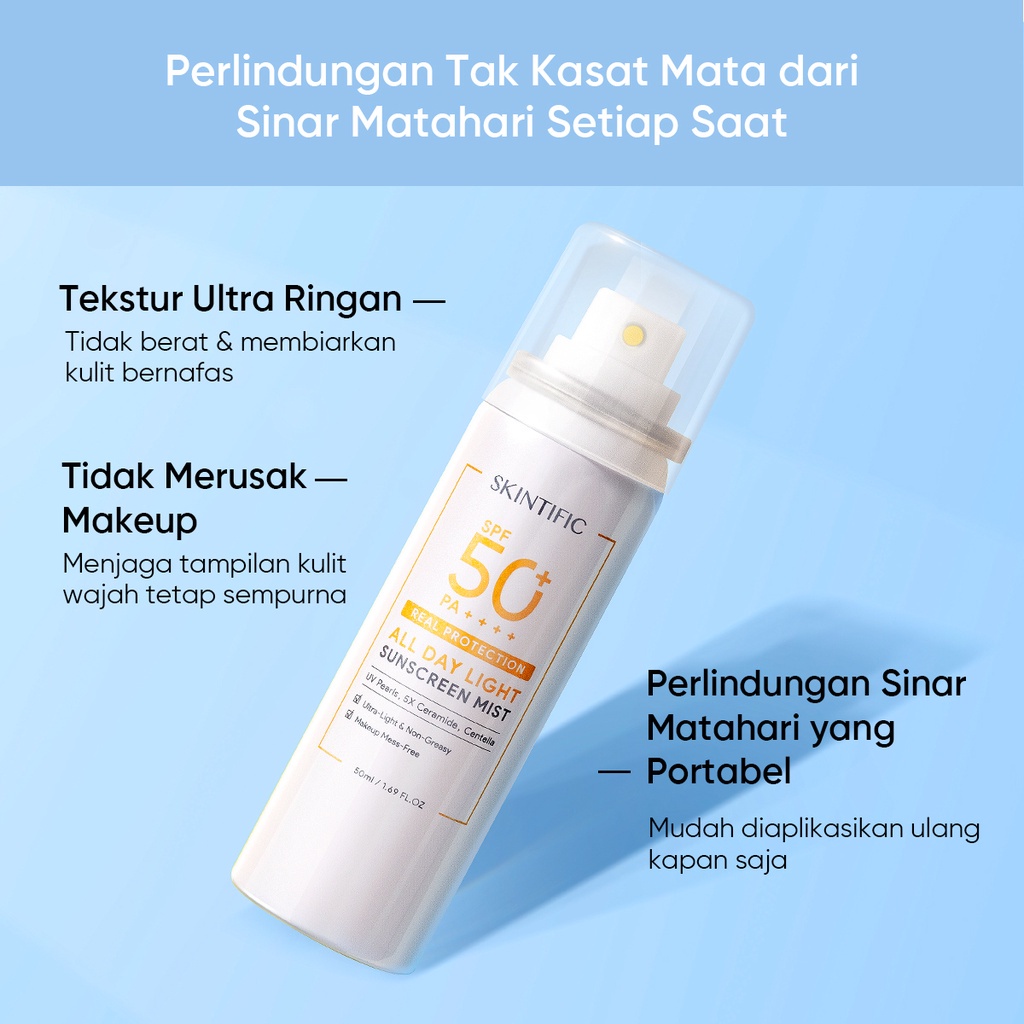 Skintific All Day Light Sunscreen Mist 120ml Sunblock Sunscreen spray tabir surya wajah + SymWhite 377 Dark Spot Serum 20ml Penghilang Flek Hitam Mencerahkan Kulit Brightening Serum UV Shield SPF50 PA++++