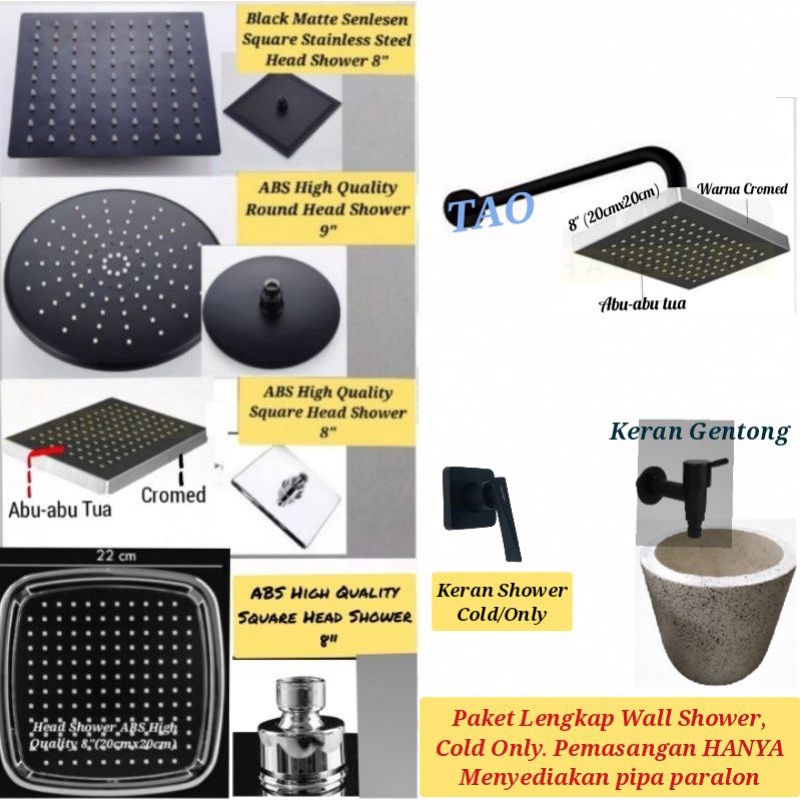 Jual Wall Shower Black Matte Paket LENGKAP Type TANAM Ukuran Head ...