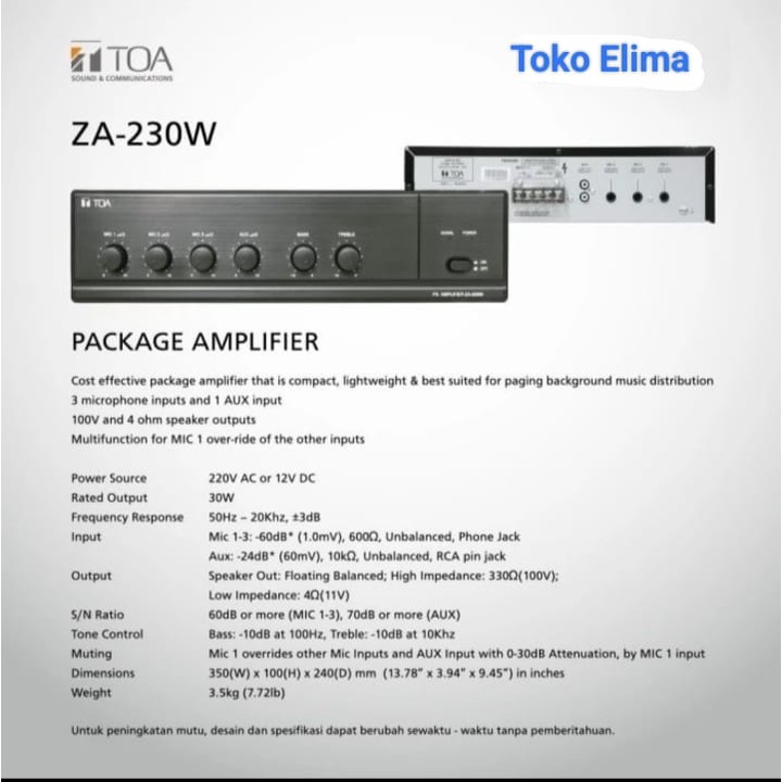 Jual TOA ZA-230W MIXER AMPLIFIER POWER 30WATT Ampli za230w 230 30w