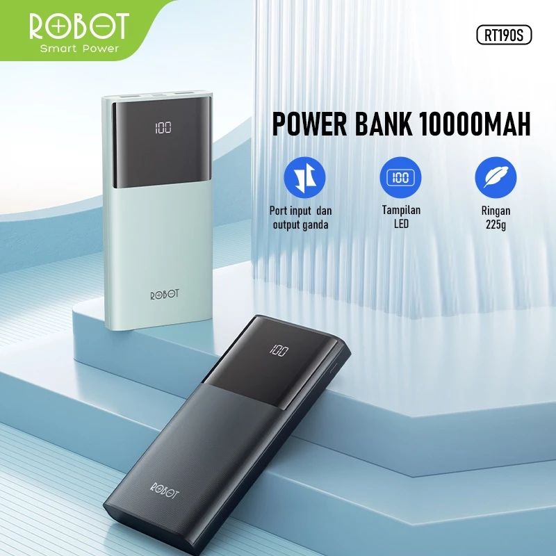 ROBOT Powerbank 10000 mAh 2A Real Capacity Dual Port USB Type C Power Bank Slim Fast Charging RT190S Original