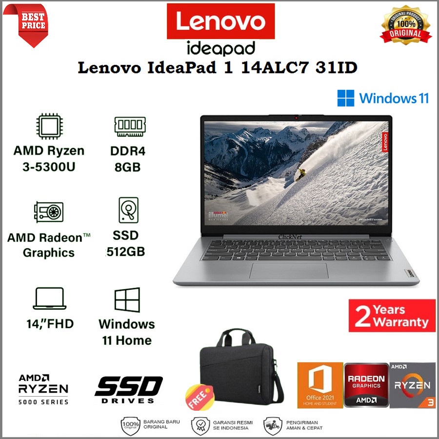 Jual LENOVO IDEAPAD 1 14ALC7 31ID Ryzen 35300U 8GB 512GB SSD FHD WIN11 OHS Shopee Indonesia