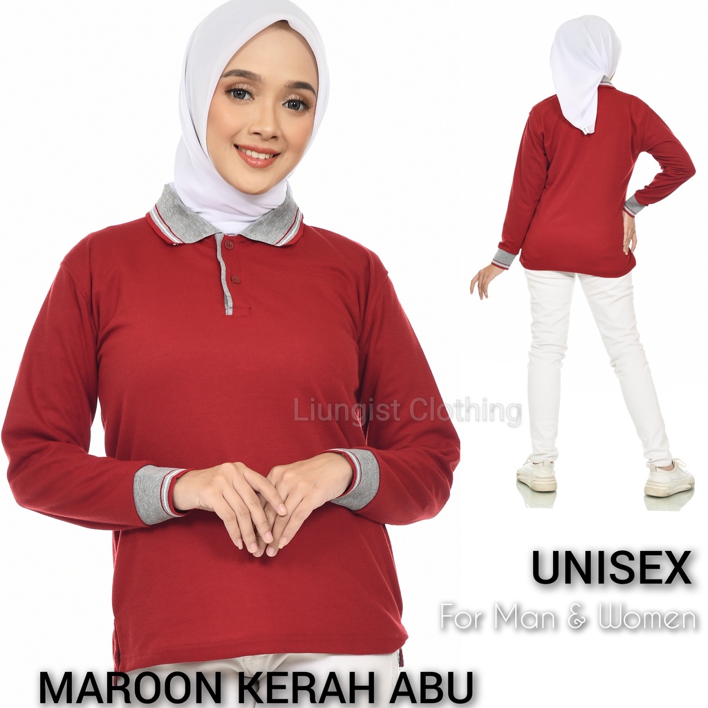 Jual Kaos Polo Panjang Unisex Maroon Kerah Hitam/ Kaos Kerah