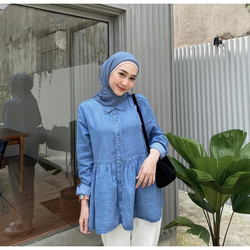 Jual Denim Ruffle Blouse Wanita Jeans Kemeja Peplum Baju Kantor Formal ...