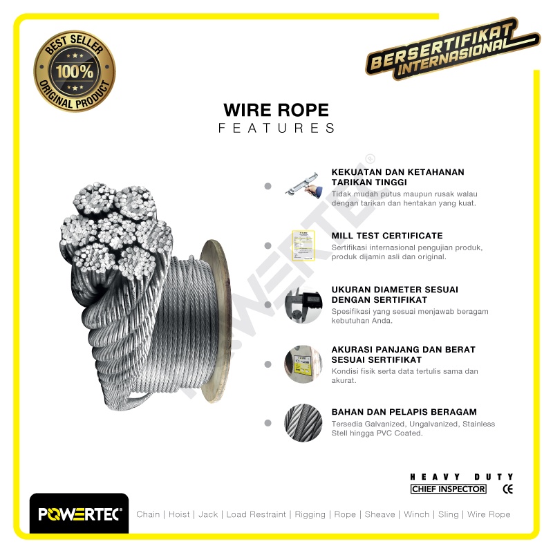 Jual POWERTEC Wire Rope / Kawat Seling Baja 6x7 FC PVC 2mm - 3mm - 1 ...