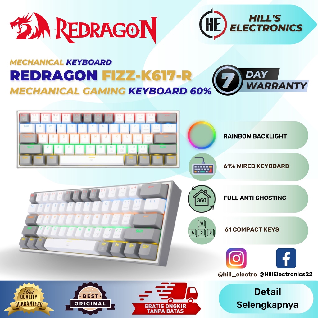 Jual Redragon FIZZ-K617 RGB Keyboard Mechanical 60%-White Grey Rainbow ...