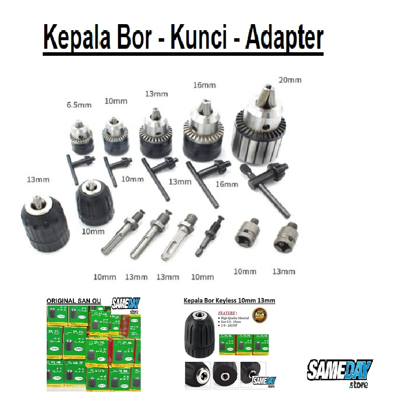 Jual San Ou Kepala Bor 10mm 13mm Self Locking Keyless Drill Chuck As 3/ ...