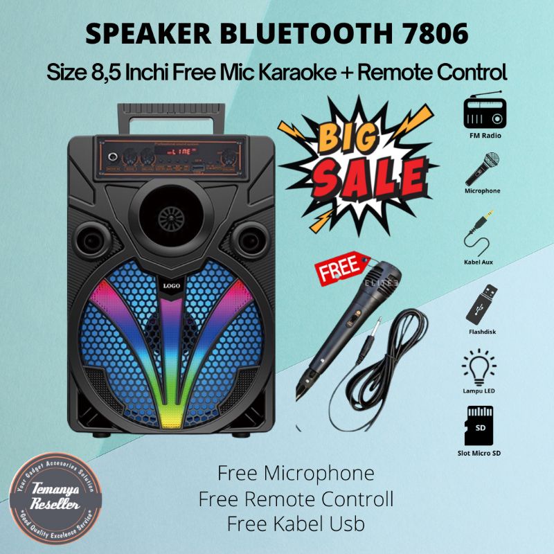 Jual COD Speaker Wireless Bluetooth Portable 8,5 Inch 7806 Extra Bass ...