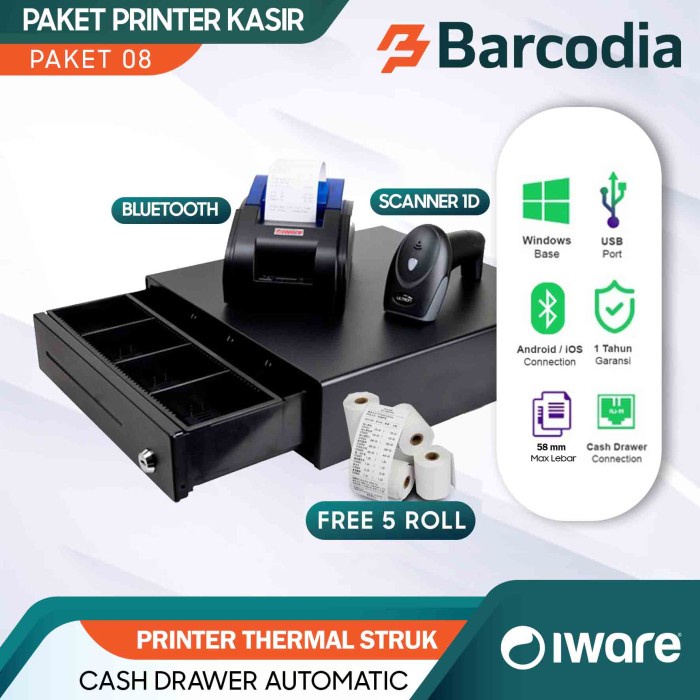 Jual PAKET KASIR ANDROID BLUETOOTH CASH DRAWER PRINTER SCANNER KERTAS