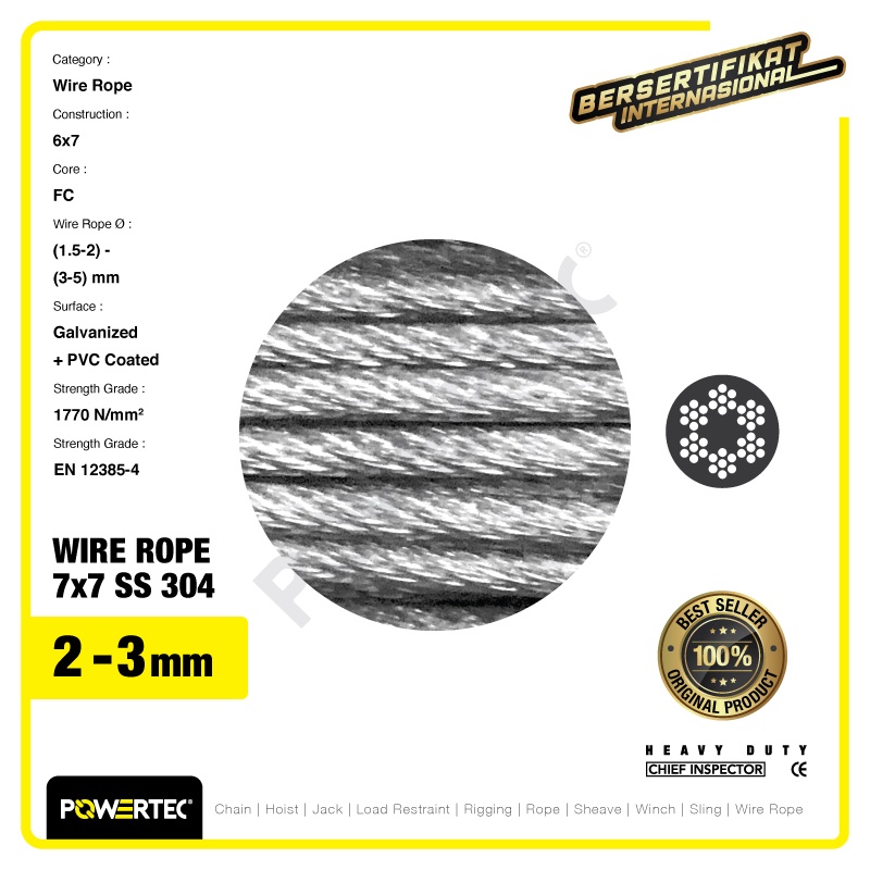 Jual POWERTEC Wire Rope / Kawat Seling Baja 6x7 FC PVC 2mm - 3mm - 1 ...