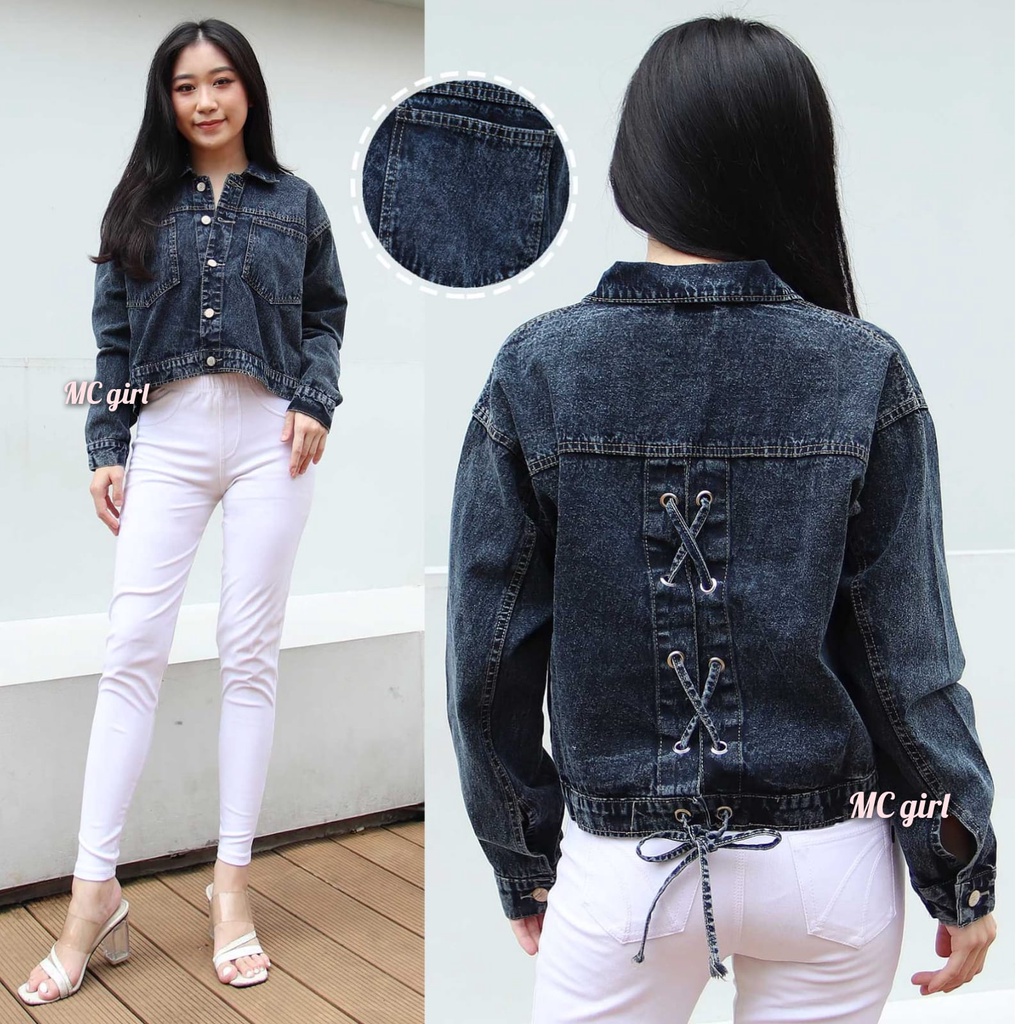 Jual MC girl Jaket Jeans Snow Black PitaTali Belakang Wanita Jacket Denim Snow Hitam Pita Silang Belakang Cewek Shopee Indonesia