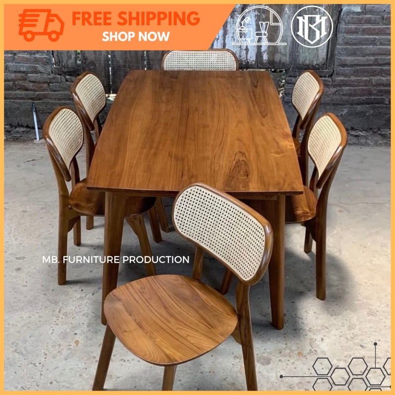 Jual Meja Makan Cafe Resto Kayu Jati Minimalis/Set 6 Kursi Makan/Meja