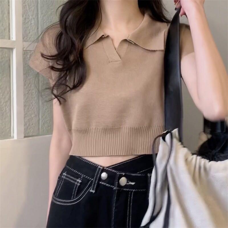 Jual [ COD ] crop top rajut / kaos kerah polo wanita / crop kerah ...