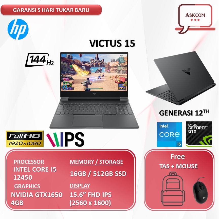 Jual Laptop Gaming HP Victus 15 GTX1650 4GB/ I5 12450 RAM 16GB 512GB ...