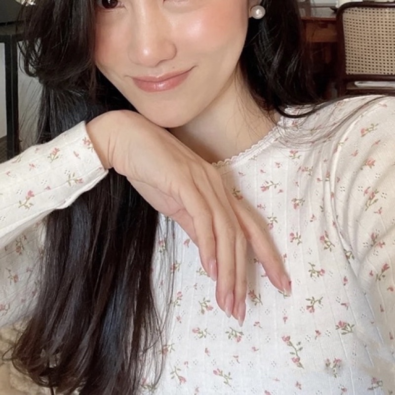 Jual READY Pointelle Floral Long Sleeve Top Korean brandy melville