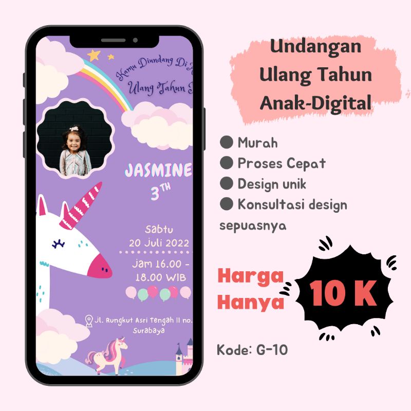 Jual Undangan Ulang Tahun Anak Digital Format Gambar - Tema Unicorn