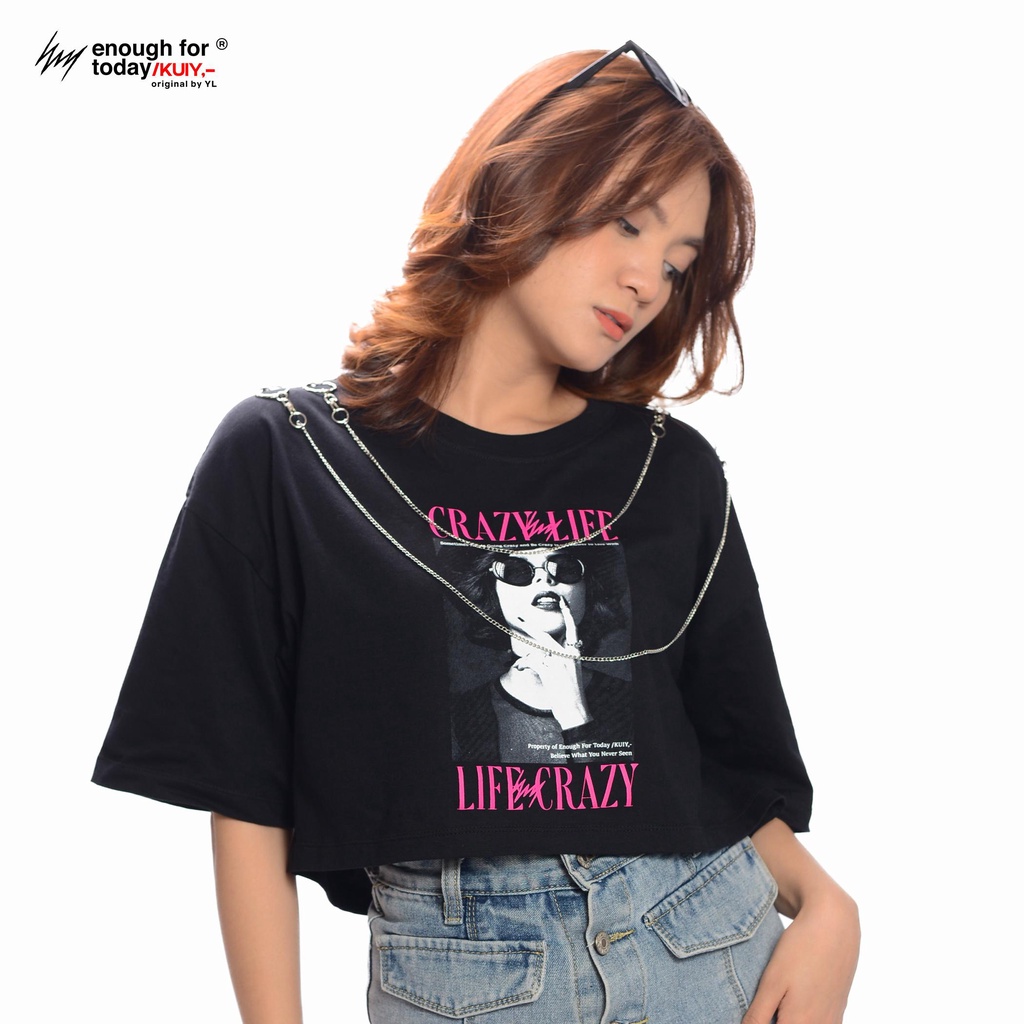 Jual Kuiy Enough Kaos Crop Top Oversize Wanita Crazy Life Hitam Free Kalung Rantai