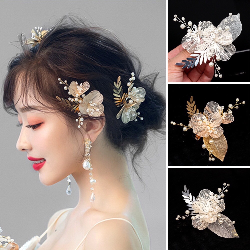 Jual Hiasan Rambut Aksesoris Model Jepit Bentuk Daun Emas Mutiara ...