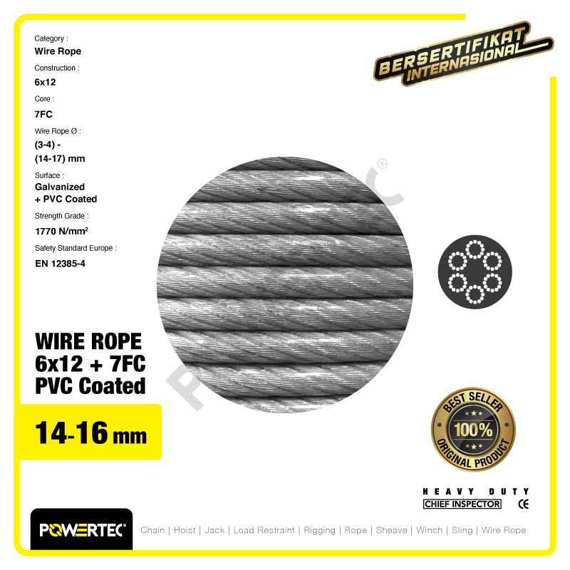 Jual POWERTEC Wire Rope / Kawat Seling Baja 6x12 7FC PVC 14-16mm - 1 ...