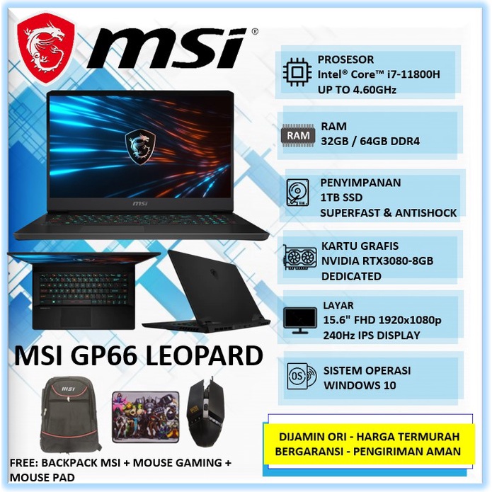 Jual Laptop Gaming Editing Rendering MSI GP66 Leopard Intel I7