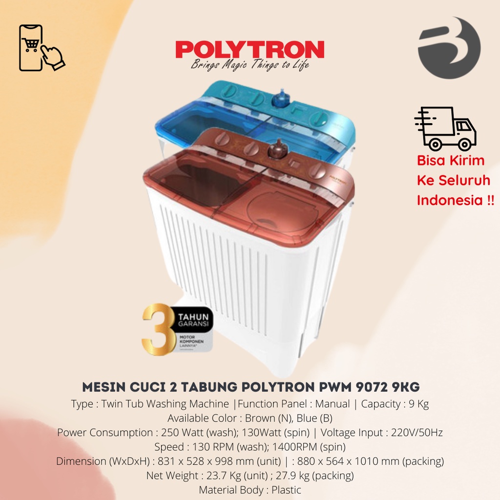 Jual MESIN CUCI 2 TABUNG POLYTRON PWM 9072 9KG | Shopee Indonesia