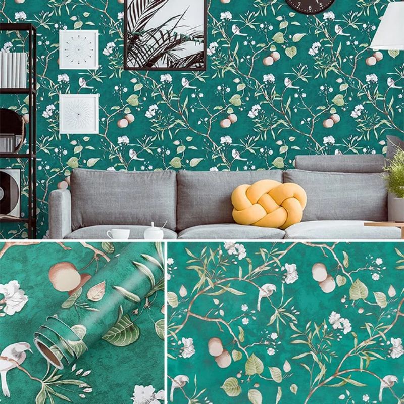 Jual Wallpaper Dinding Terbaru Hijau Motif Pohon Apel Rindang Burung