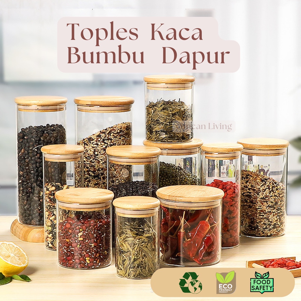 Jual OMCAN LIVING Toples Bumbu Dapur Set Toples Kaca Tutup Kayu Toples Kaca Bumbu Toples