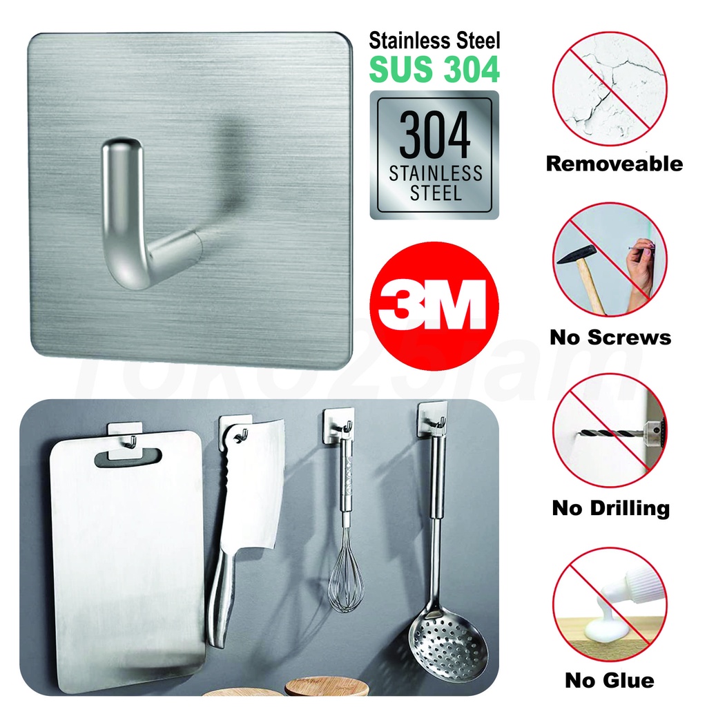 Gantungan hook kait tempel dinding Stainless Steel 304 Wall 3M adhesive  hook pcs