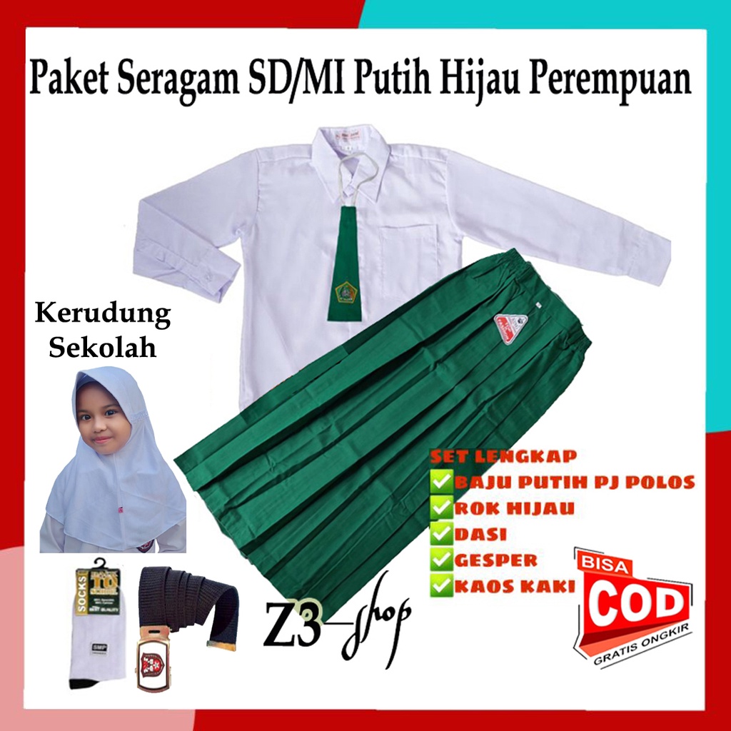 Jual Paket Seragam Sekolah Madrasah Mi Putih Hijau Perempuan Lengan